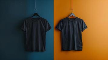 ai generado dos negro camisetas en ropa percha en contra azul y naranja pared foto