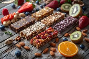 AI Generated Various types of granola bars displayed on the table photo