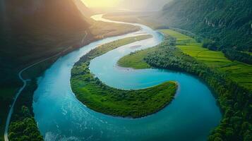 AI Generated an aerial view of a river surrounded by mountains and trees photo