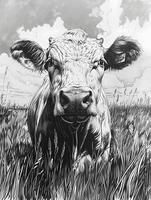 AI Generated Monochrome painting of a working cow in a grassy field photo