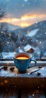 AI Generated Coffee cup on window sill with snowy mountain backdrop photo