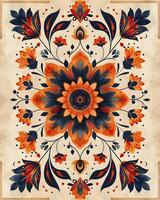 AI Generated A vibrant floral motif with a central flower on a textile or floor design photo