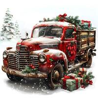 AI Generated Red truck adorned with holiday decorations and presents photo