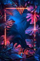 AI Generated A neon frame with tropical leaves glows in the dark photo