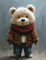 AI Generated Happy Teddy bear toy with jacket and scarf on wooden floor photo