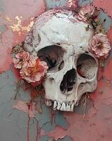 AI Generated Skull with flower jaw art hangs on wall, creative visual bone neck plant design photo