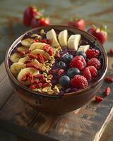 ai generado un Fruta ensalada en un cuenco con Granola en un rústico de madera mesa foto