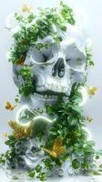 AI Generated Skull among green plants and butterflies, blending with natures organism photo