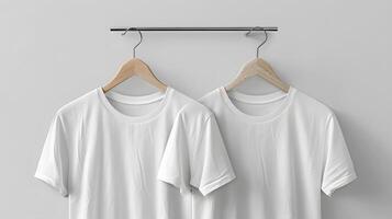 ai generado dos blanco camisetas en ropa percha en contra blanco pared foto