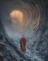 AI Generated a man in an orange robe is walking through a tunnel in the mountains photo