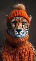 AI Generated Big cat Felidae wearing orange hat and scarf like a Carnivorous tiger photo