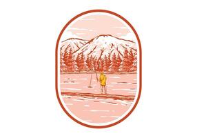 Vintage illustration of a man fishing on the lake with forest and mountain view vector