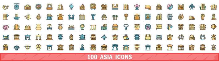 100 asia icons set, color line style vector