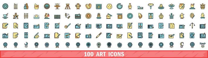 100 art icons set, color line style vector