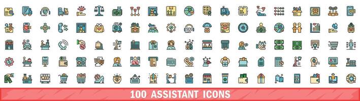 100 assistant icons set, color line style vector