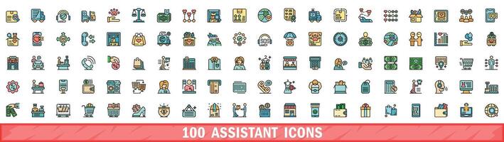 100 assistant icons set, color line style vector