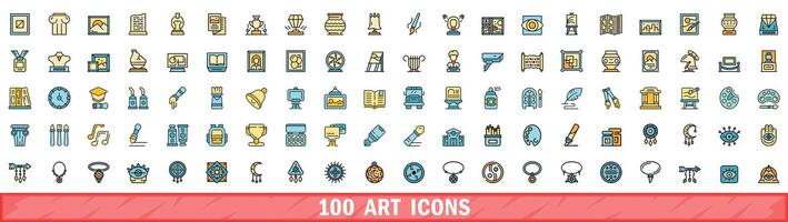 100 art icons set, color line style vector