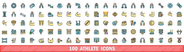 100 athlete icons set, color line style vector