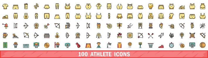 100 athlete icons set, color line style vector