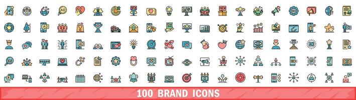 100 brand icons set, color line style vector