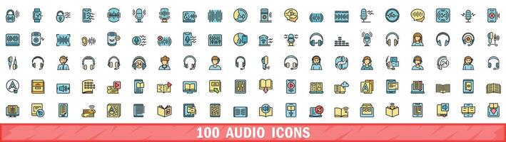 100 audio icons set, color line style vector