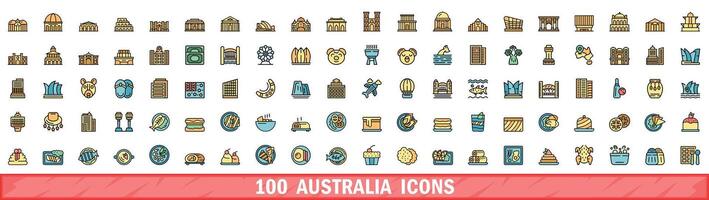 100 australia icons set, color line style vector