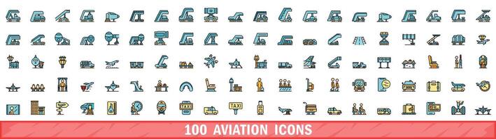 100 aviation icons set, color line style vector