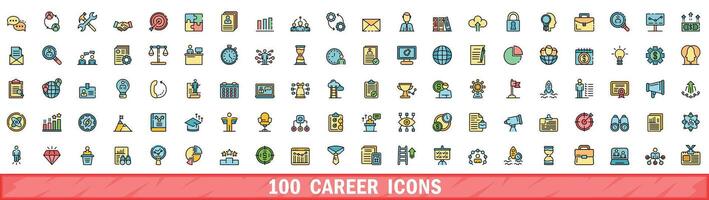 100 career icons set, color line style vector