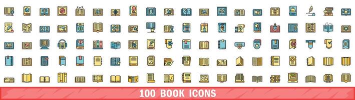 100 book icons set, color line style vector