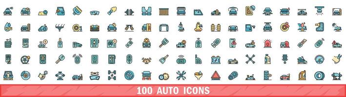 100 auto icons set, color line style vector