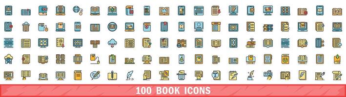 100 book icons set, color line style vector