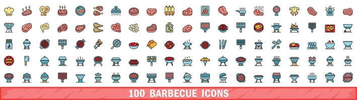 100 barbecue icons set, color line style vector