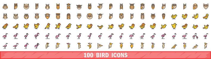 100 bird icons set, color line style vector