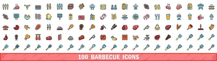 100 barbecue icons set, color line style vector