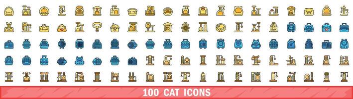 100 cat icons set, color line style vector