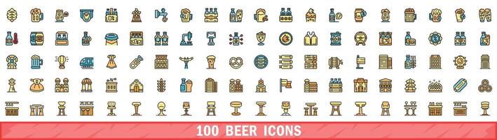 100 beer icons set, color line style vector