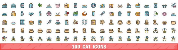 100 cat icons set, color line style vector