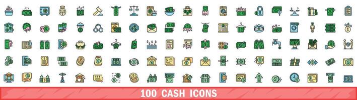 100 cash icons set, color line style vector