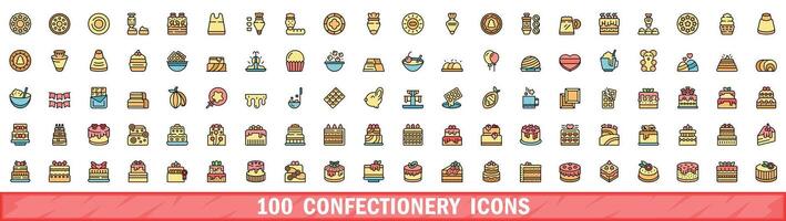 100 confectionery icons set, color line style vector