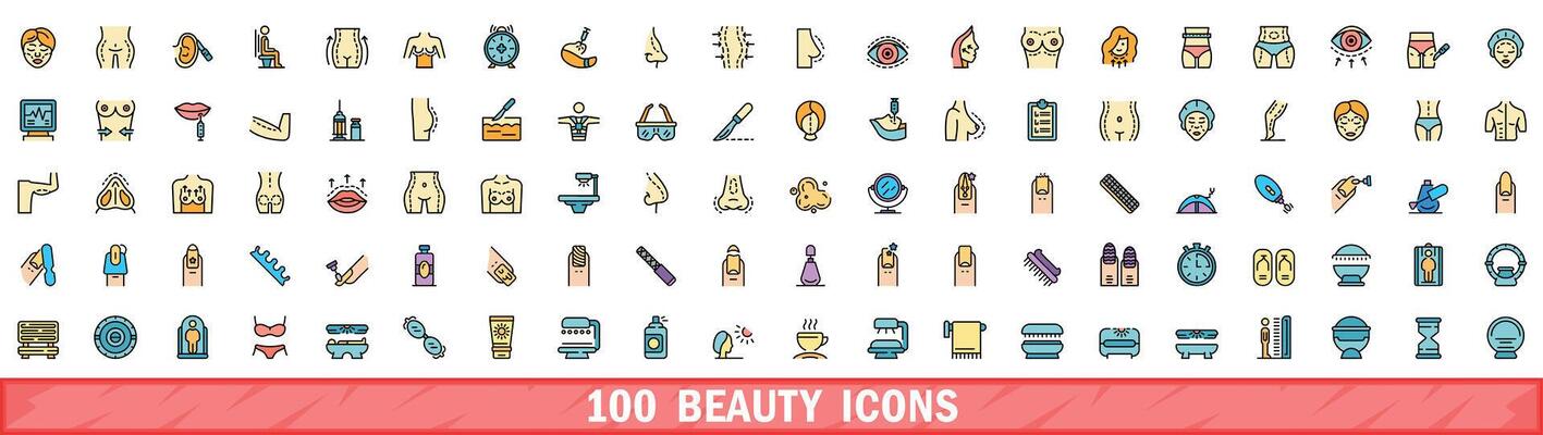 100 beauty icons set, color line style