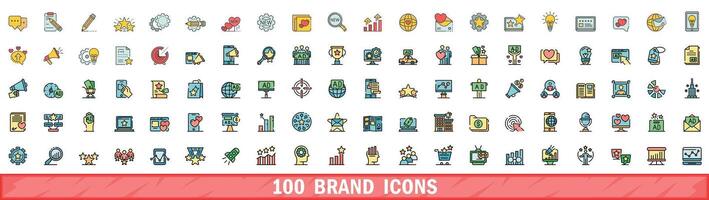 100 brand icons set, color line style vector