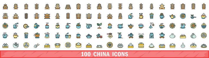 100 china icons set, color line style vector