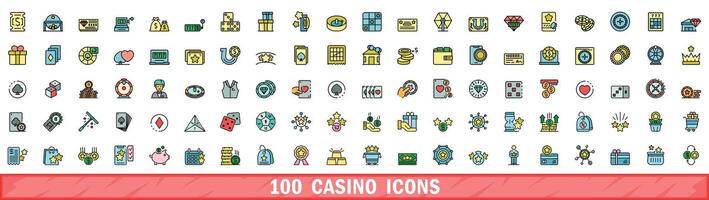 100 casino icons set, color line style vector