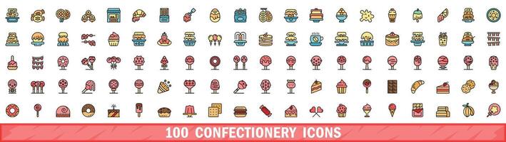 100 confectionery icons set, color line style vector