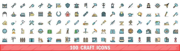 100 craft icons set, color line style vector