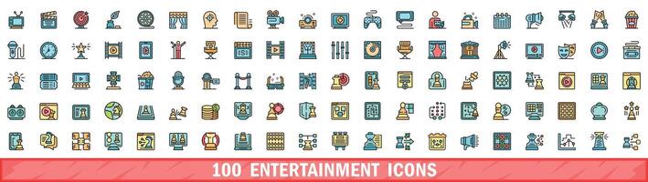 100 entertainment icons set, color line style vector