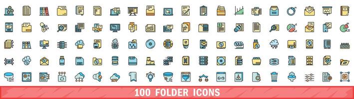 100 folder icons set, color line style vector