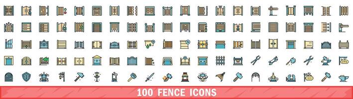 100 fence icons set, color line style vector