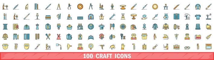 100 craft icons set, color line style vector