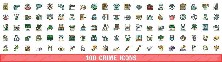 100 crime icons set, color line style vector